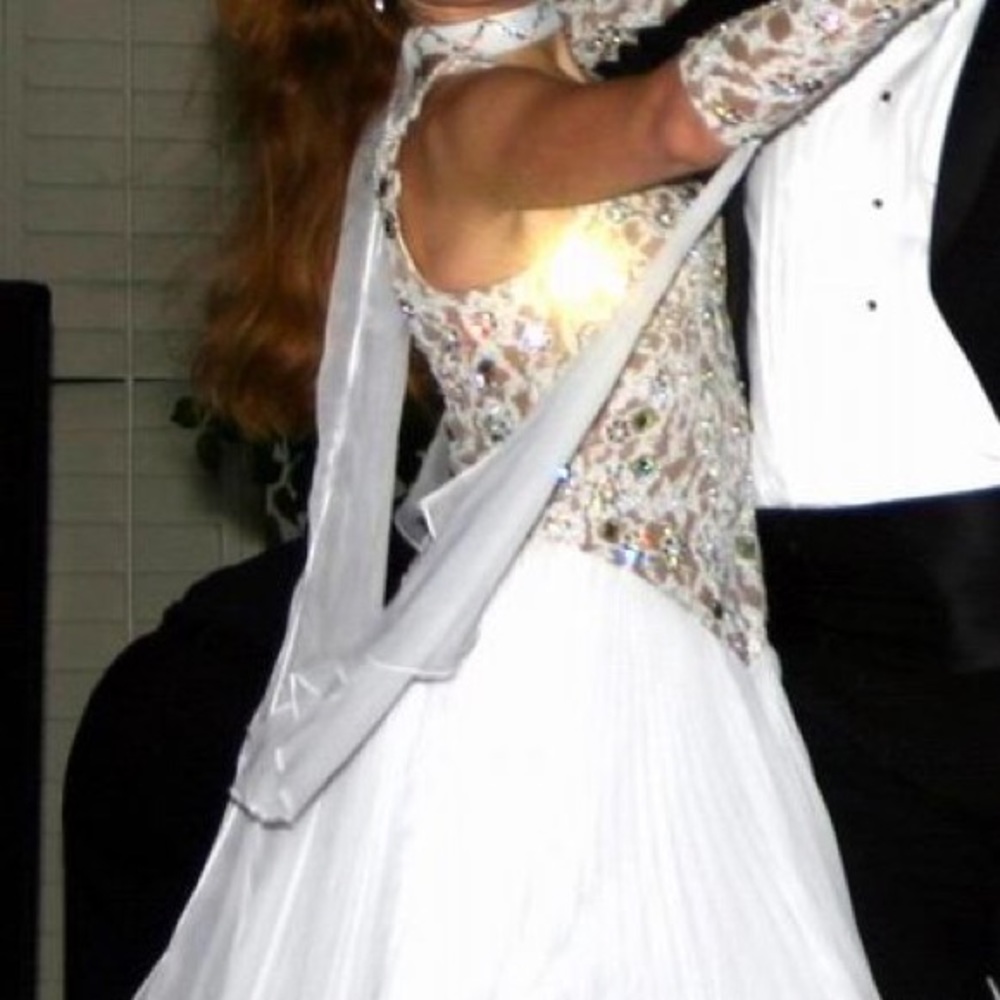 ballroom dance dress gown costume with feathers, stones,gloves,floats,choker